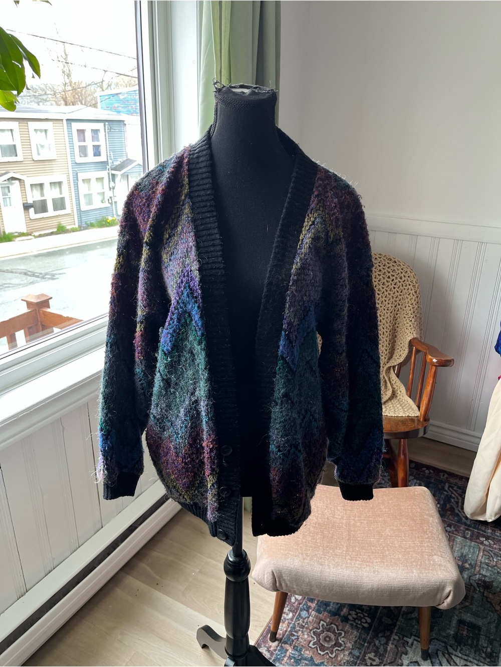 Women’s Vintage Cozy Multicolor Open Cardigan Sweater Button Up M
